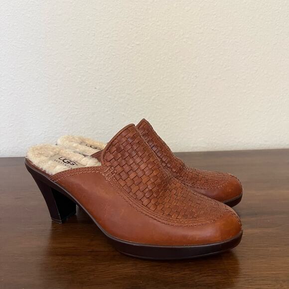 UGG Gabriella Shearling Woven Leather Brown Neutral Fall Heel Clogs/Mules - Picture 1 of 12